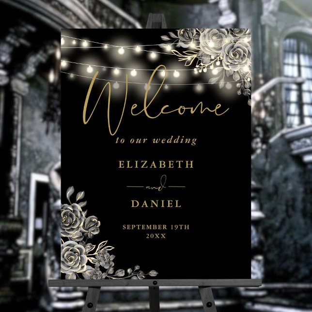Gothic Black Gold Roses Lights Wedding Welcome Foam Board (Gothic Black Gold Roses Lights Wedding Welcome Foam Board)