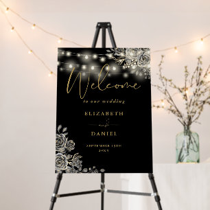Gothic Black Gold Roses Lights Wedding Welcome Foam Board
