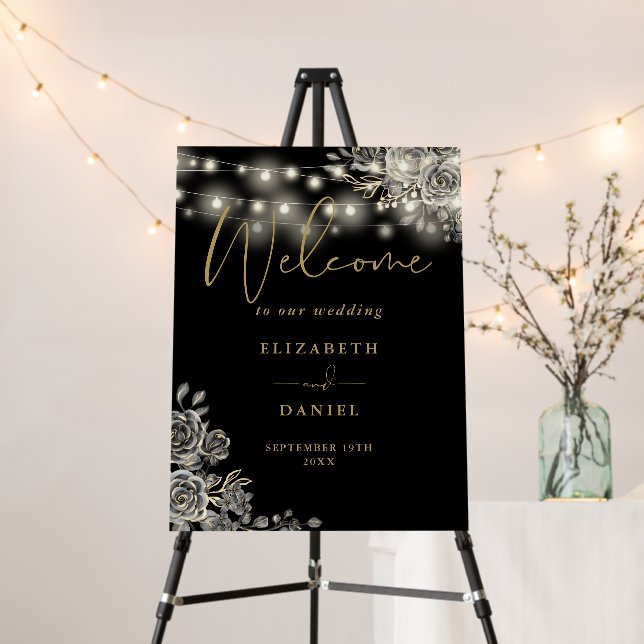 Gothic Black Gold Roses Lights Wedding Welcome Foam Board (In Situ (Stand))