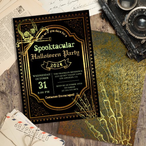 Gothic Black  Gold Skull Halloween Costume Party Invitation