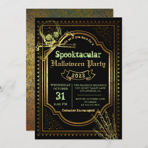 Gothic Black  Gold Skull Halloween Costume Party Invitation
