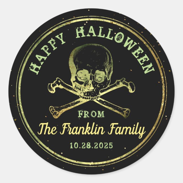 Gothic Black & Gold Skull Happy Halloween Classic Round Sticker (Front)