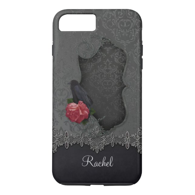 Gothic Black Gray Damask Lace Black Raven Red Rose Case-Mate iPhone Case (Back)