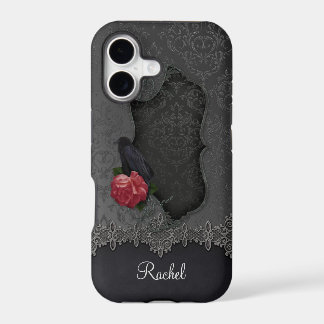 Gothic Black Gray Damask Lace Black Raven Red Rose iPhone 17 Case