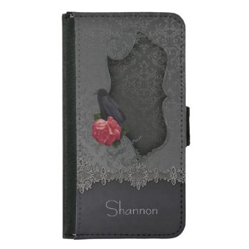 Gothic Black Gray Damask Lace Black Raven Red Rose Wallet Phone Case For Samsung Galaxy S5 by Case_by_Case at Zazzle
