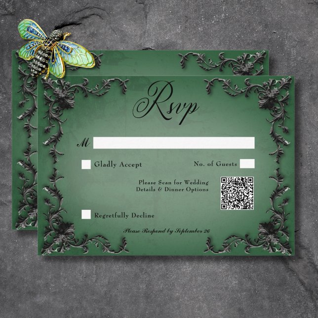 Gothic Black & Green Filigree Heart QR Code RSVP Card (Gothic Black & Green Filigree Heart QR Code RSVP Card)