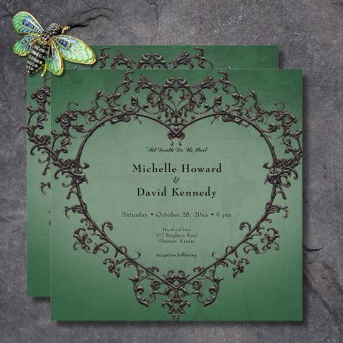 Gothic Black  Green Filigree Heart Wedding Invitation