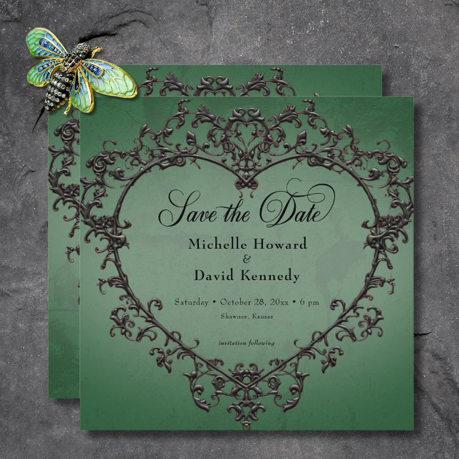 Gothic Black & Green Filigree Heart Wedding Save The Date (Gothic Black & Green Filigree Heart Wedding Save The Date)