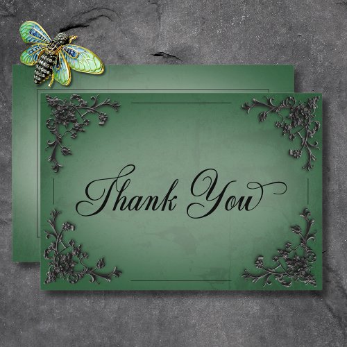 Gothic Black  Green Filigree Heart Wedding Thank You Card