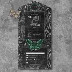 Gothic Black Green Filigree Moth Dinner Wedding All In One Invitation
