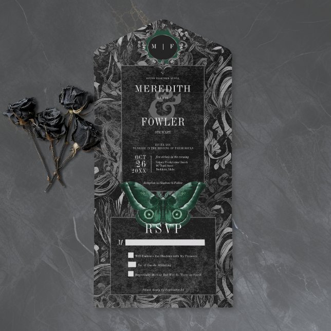 Gothic Black Green Filigree Moth No Dinner Wedding All In One Invitation (Gothic Black Green Filigree Moth No Dinner Wedding All In One Invitation)