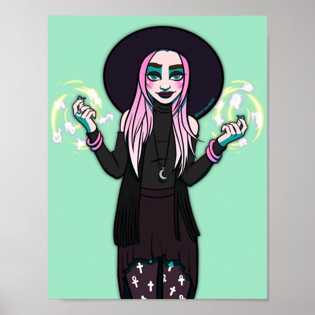 Gothic Black Green Modern Anime Witch Illustration Poster (Front)