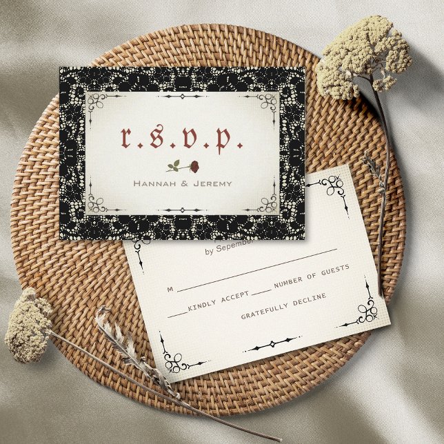 Gothic Black Lace Blood Red Rose RSVP Card (Creator Uploaded)