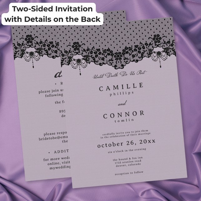 Gothic Black Lace Purple Until Death Wedding Invitation (Gothic Black Lace Purple Until Death Wedding Two-Sided Invitation)
