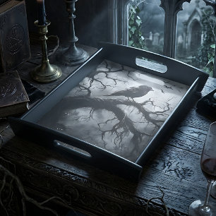 Gothic Black Lacquer Raven Moon Serving Tray