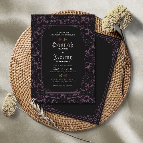 Gothic Black Magenta Lace Rose Invitation