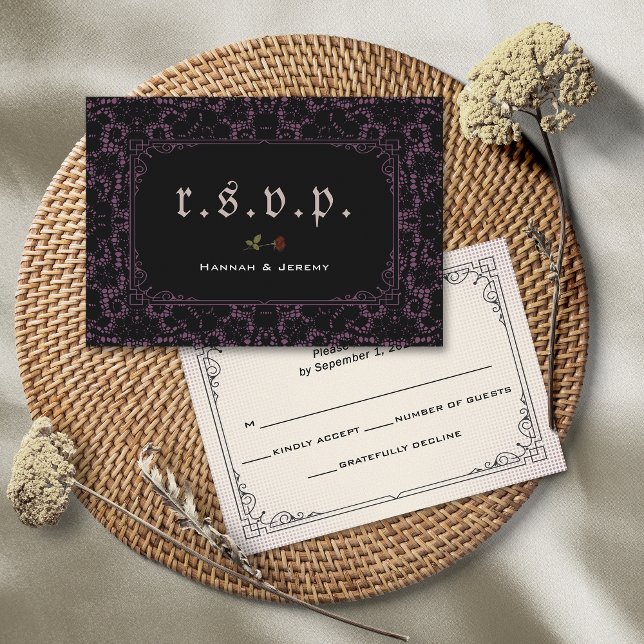 Gothic Black Magenta Lace Rose RSVP Card (Creator Uploaded)