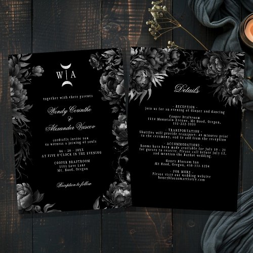 Gothic Black Monogram Moon Crest Wedding Details Invitation
