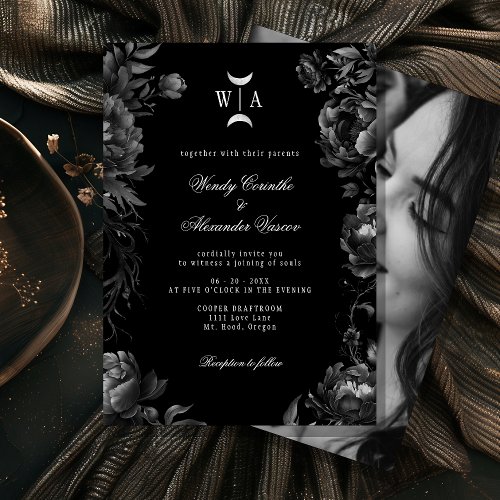 Gothic Black Monogram Moon Crest Wedding Photo Invitation