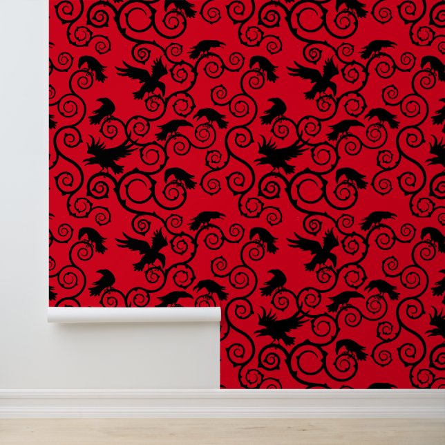 Gothic Black on Red Raven Victorian Gothic Home Wallpaper (Application)