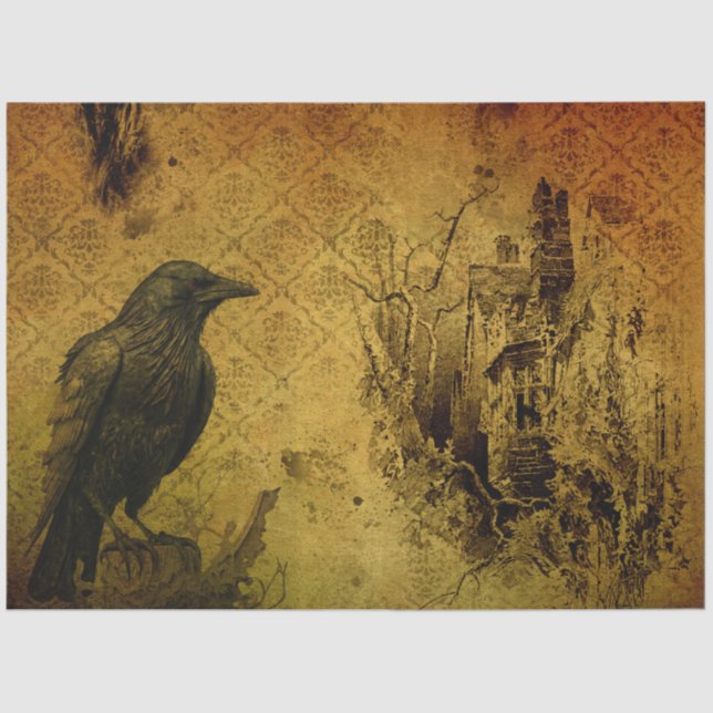 Gothic Black Orange Crow Decoupage Tissue Paper (Front)