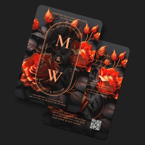 Gothic Black Orange Floral Boho Wedding  Invitation