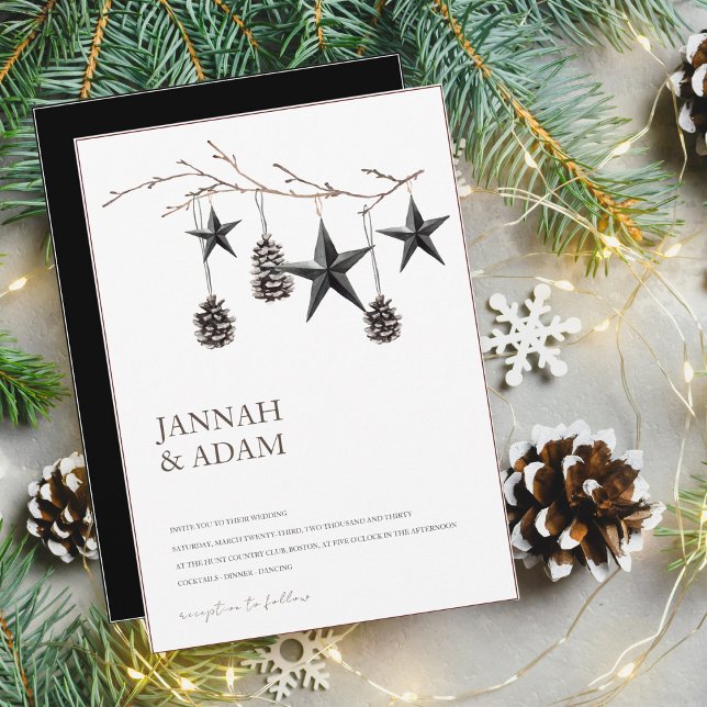 Gothic Black Pinecones and Stars Winter Wedding Invitation (Creator Uploaded)