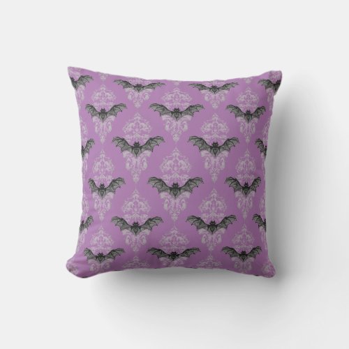 Gothic black purple bats pattern throw pillow