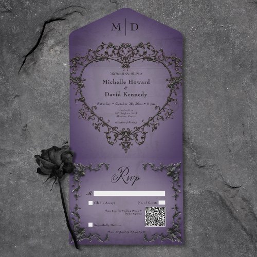 Gothic Black  Purple Filigree Heart QR Code All In One Invitation