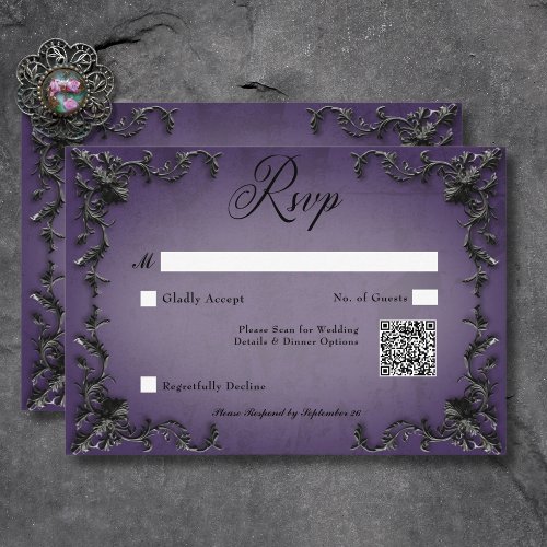 Gothic Black  Purple Filigree Heart QR Code RSVP Card
