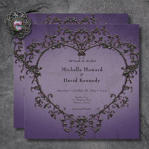 Gothic Black & Purple Filigree Heart Wedding Invitation
