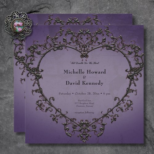 Gothic Black  Purple Filigree Heart Wedding Invitation