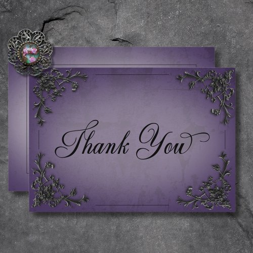 Gothic Black  Purple Filigree Heart Wedding Thank You Card