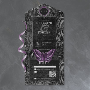 Gothic Black Purple Filigree Moth QR Code All In One Invitation
