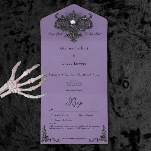 Gothic Black  Purple Halloween Filigree No Dinner All In One Invitation