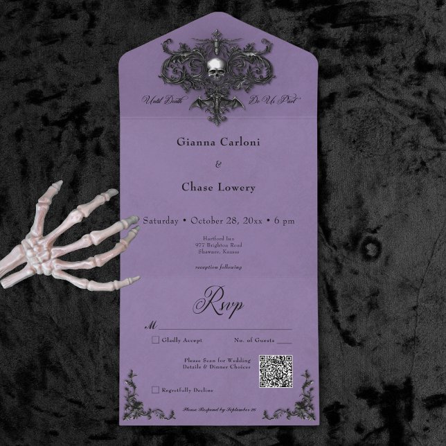 Gothic Black & Purple Halloween Filigree QR Code All In One Invitation (Gothic Black & Purple Halloween Filigree QR Code All In One Invitation)