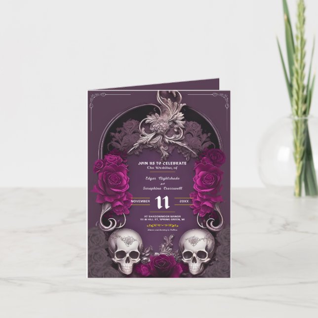 Gothic Black Purple Rose Skulls Wedding Invitation (Front)