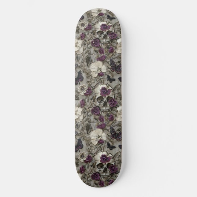 Gothic Black Purple Roses Skulls Moths Skateboard (Front)