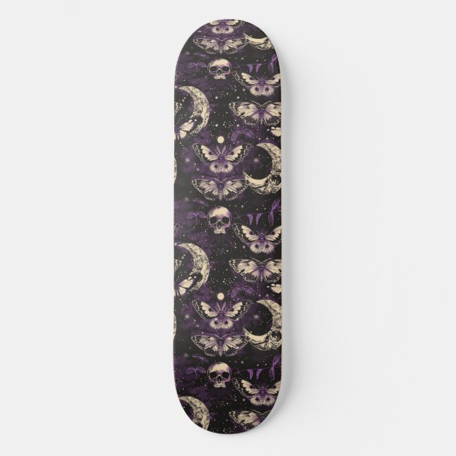 Gothic Black Purple Skulls Moths Moon Skateboard (Front)