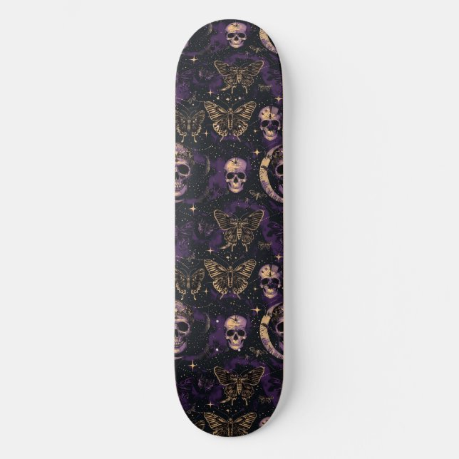Gothic Black Purple Skulls Moths Moon Skateboard (Front)