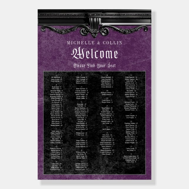 Gothic Black & Purple Wedding Seating Chart Foam Board (Front)
