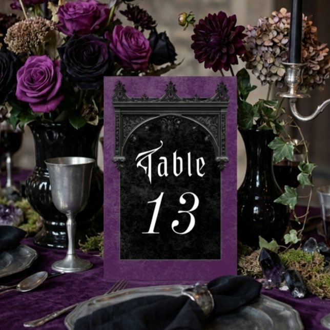 Gothic Black Raven & Black Arch Purple Wedding Table Number (Creator Uploaded)
