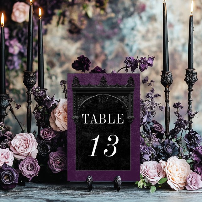 Gothic Black Raven & Black Arch Purple Wedding Table Number (Creator Uploaded)