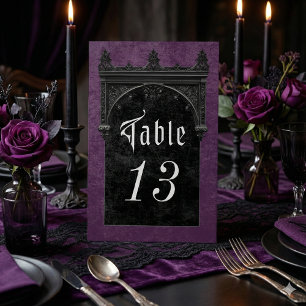 Gothic Black Raven & Black Arch Purple Wedding Table Tent