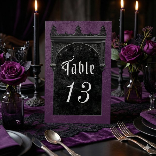 Gothic Black Raven & Black Arch Purple Wedding Table Tent (Creator Uploaded)