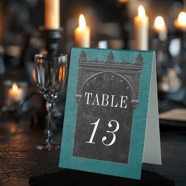 Gothic Black Raven & Black Arch Teal Wedding Table Tent (Creator Uploaded)