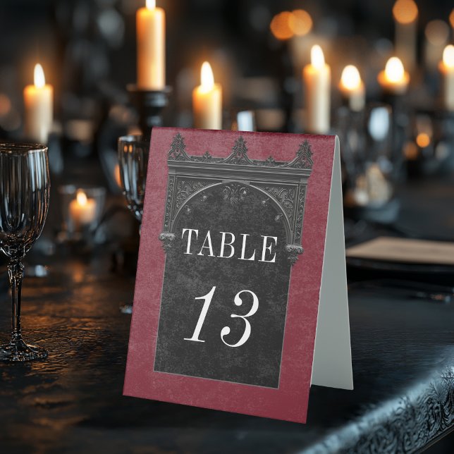 Gothic Black Raven & Black Arch Wine Wedding Table Tent (Creator Uploaded)
