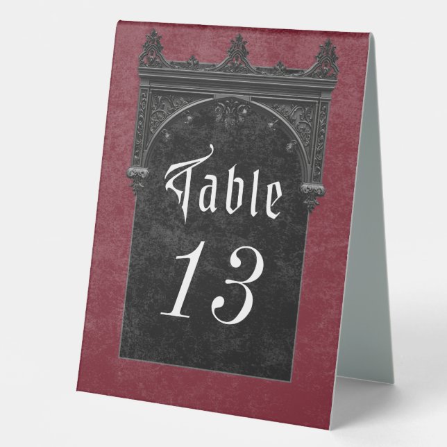 Gothic Black Raven & Black Arch Wine Wedding Table Tent (Front)