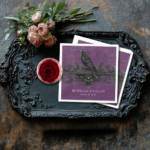 Gothic Black Raven & Black Purple Wedding Napkins