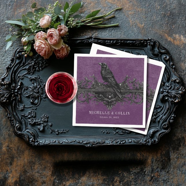 Gothic Black Raven & Black Purple Wedding Napkins (Creator Uploaded)